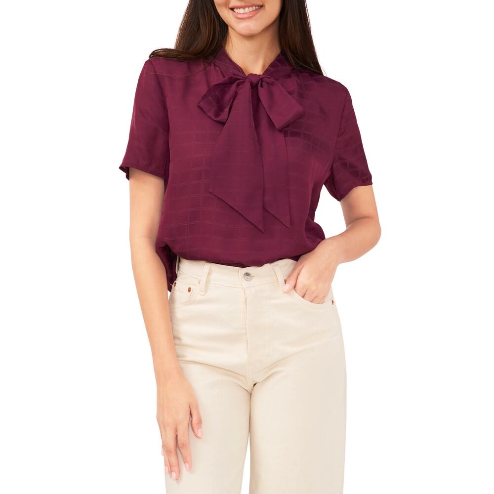 Vince Camuto Women's Burgundy Bow Tie Short Sleeve Button Down Shirt